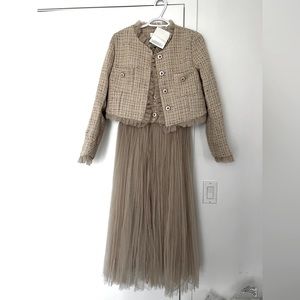 Tweed jacket and chiffon dress set, brand new beige